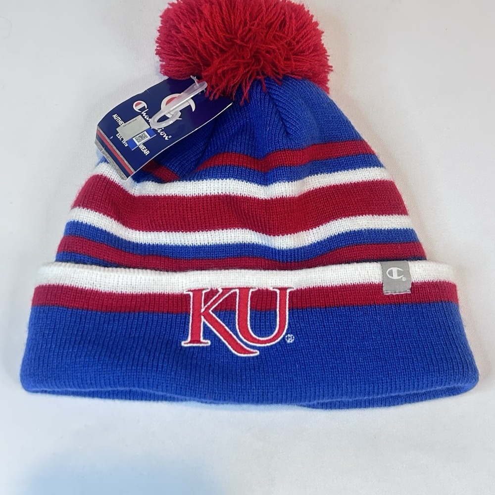 University of Kansas Champion Knit Beanie Pom Pom Hat KU Jayhawks NEW